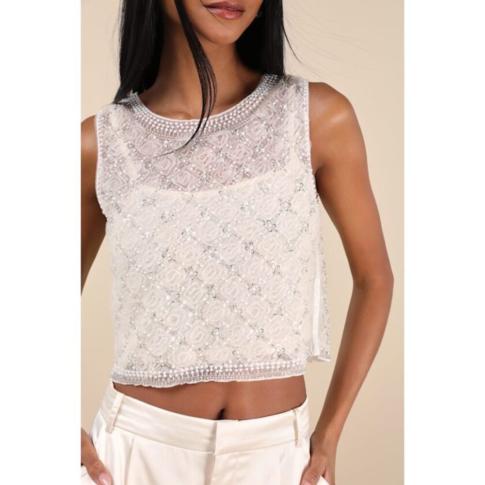 Lulus Eugenia Cream Sheer Mesh Sequin Beaded Tank Top White - Size L